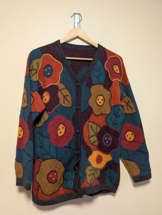 Sweaters - Floral Button Front Wool Feel Cardigan Sweater Size L